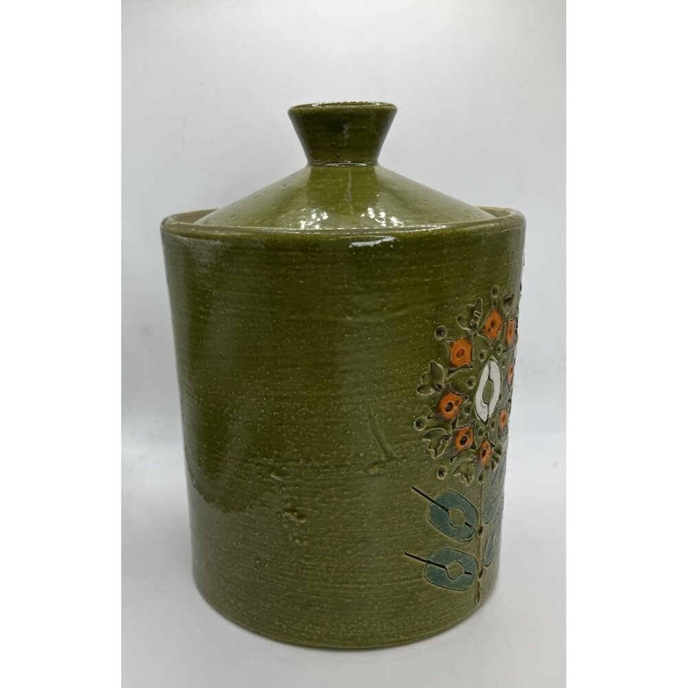 Italian Pottery Cookie Jar with Embossed Flowers by Bitossi, Green 1950s Ceramic - Picture 2 of 15